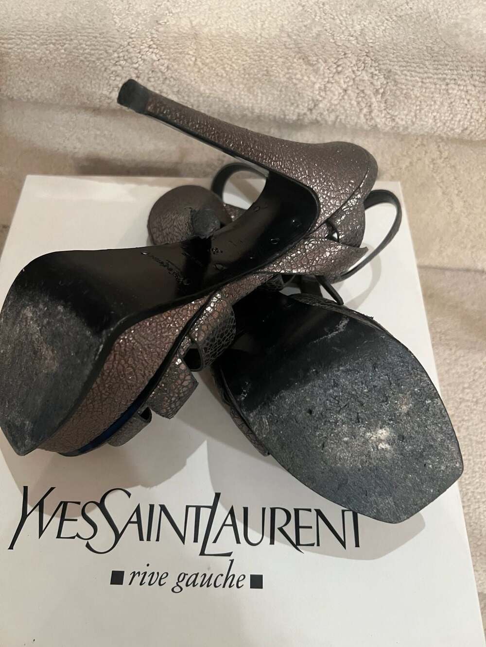 Saint Laurent YSL Metallic Tribute Platform Heels Sandals Gunmetal Grey 38 - NIB - Picture 4 of 6